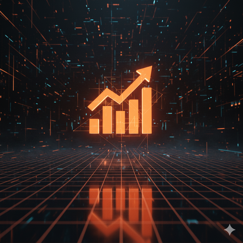 أيقونة تحليل بيانات ثلاثية الأبعاد تمثل نمو المبيعات وارتفاع العملاء.