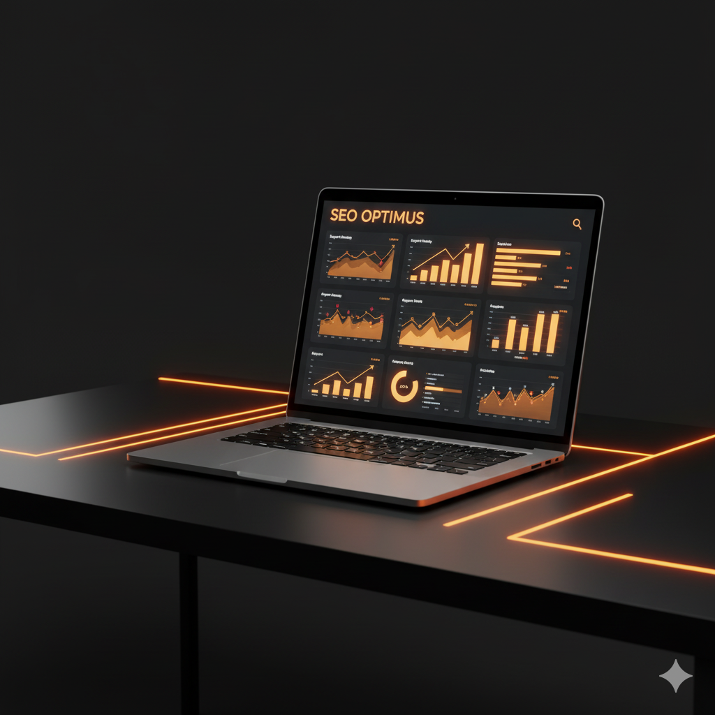 لوحة تحكم SEO تعرض تقارير الكلمات المفتاحية والزيارات والأداء الشهري على شاشة لابتوب.