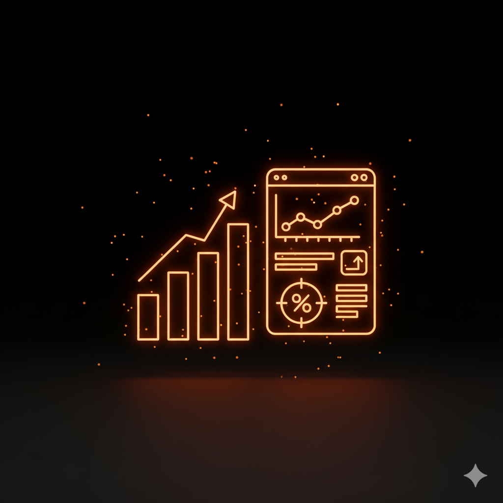 3D neon analytics dashboard with charts and metrics for social media performance