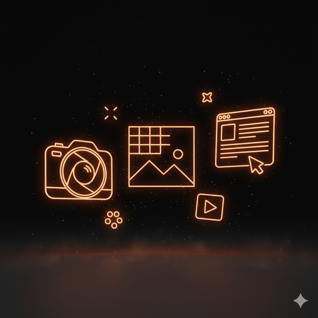 3D neon orange content creation icons including camera, images, posts, and video