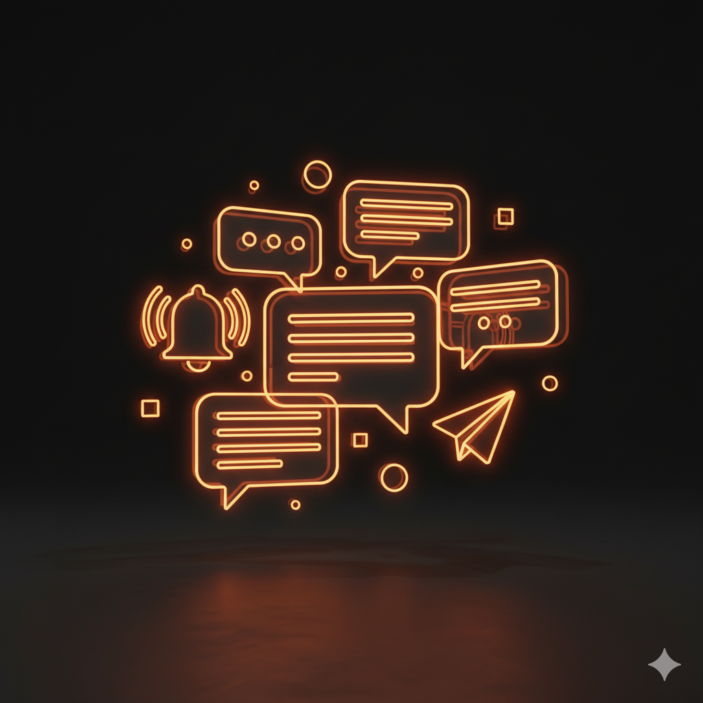 3D orange neon chat bubbles and notifications icon representing social media inbox management