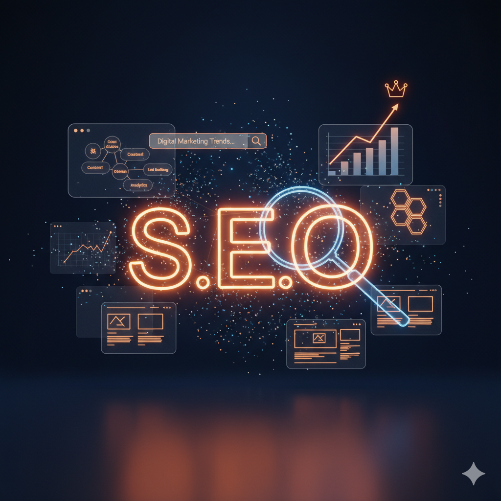 3D illustration explaining what is SEO with glowing orange elements, analytics icons, and magnifying glass – Baghdad Social.