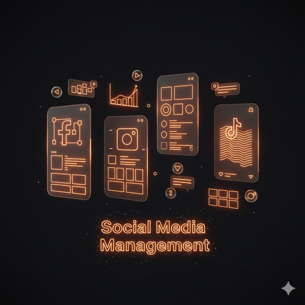 3D neon social media app screens representing professional social media management services